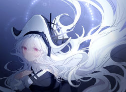 Rule 34 | 1girl, air bubble, arknights, backlighting, black dress, black headwear, breasts, bubble, closed mouth, dress, hand on own chest, highres, large breasts, long hair, long sleeves, purple eyes, silver hair, smile, solo, specter (arknights), specter the unchained (arknights), two-tone dress, underwater, upper body, very long hair, white dress, woodsbench