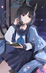 Rule 34 | 1girl, absurdres, animal ears, black eyes, black hair, black sailor collar, black skirt, blue archive, blue neckerchief, book, cat ears, commentary, halo, hand in own hair, haori, highres, holding, holding book, ion (on01e), japanese clothes, kikyou (blue archive), long sleeves, multiple tails, neckerchief, night, night sky, parted lips, petals, pleated skirt, sailor collar, school uniform, serafuku, shirt, short hair, sitting, skirt, sky, solo, tail, two tails, white shirt