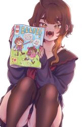 Rule 34 | 1girl, black sailor collar, brown eyes, brown hair, brown thighhighs, comic, highres, hikari kuma, holding, holding paper, looking at viewer, mole, mole under eye, multicolored hair, neckerchief, niucniuc, open mouth, original, paper, red nails, red neckerchief, sailor collar, simple background, solo, sonichu, streaked hair, thighhighs, uvula, white background