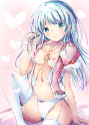 Rule 34 | 1girl, arm support, blue hair, bow, bow panties, breasts, collarbone, commentary request, garter straps, green eyes, hand up, heart, highres, jacket, knee up, long hair, looking at viewer, medium breasts, neck ribbon, nipples, open clothes, open jacket, open shirt, original, panties, parted lips, pink jacket, puffy short sleeves, puffy sleeves, ribbon, shihou haru, shirt, short sleeves, sitting, solo, underwear, very long hair, white panties, white shirt, yellow ribbon