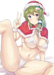 Rule 34 | 1girl, absurdres, bikini, blue eyes, blush, breasts, christmas, female focus, frog hair ornament, green hair, hair ornament, hair tubes, hat, highres, kochiya sanae, large breasts, long hair, looking at viewer, navel, santa costume, santa hat, simple background, snake hair ornament, solo, swimsuit, taketake-works, thighs, touhou, v, white background