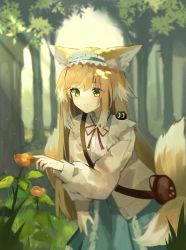 Rule 34 | absurdres, animal ears, arknights, bag, blonde hair, blue hairband, blue skirt, blush, brown bag, cardigan, cowboy shot, day, flower, forest, fox ears, fox girl, fox tail, frilled hairband, frills, green eyes, hair down, hairband, heixiu, highres, kitsune, kokao358, leaning forward, long hair, long sleeves, multicolored hair, multiple tails, nature, neck ribbon, official alternate costume, open cardigan, open clothes, orange flower, outdoors, red ribbon, ribbon, satchel, shirt, shoulder bag, skirt, smile, straight hair, streaked hair, suzuran (arknights), suzuran (spring praise) (arknights), tail, luo xiaohei zhanji, tree, white hair, white shirt, yellow cardigan