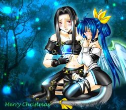 Rule 34 | 1boy, 1girl, ^ ^, arc system works, asymmetrical wings, black hair, blue hair, christmas, closed eyes, dizzy (guilty gear), closed eyes, guilty gear, red eyes, ribbon, tail, tail ornament, tail ribbon, testament (guilty gear), thighhighs, wings