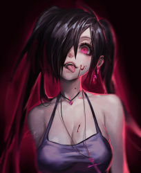 Rule 34 | 1girl, bare shoulders, black hair, blood, blood on face, breasts, cleavage, collarbone, cross, cross necklace, earrings, hair over one eye, highres, jewelry, large breasts, long hair, looking at viewer, luen kulo, necklace, original, pink eyes, sleeveless, solo, teeth, tongue, tongue out