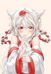 Rule 34 | 1girl, absurdres, animal ears, bare shoulders, blush, commentary, detached sleeves, grey background, hair between eyes, hand up, hat, highres, holding, holding own tail, inubashiri momiji, long sleeves, looking at viewer, red eyes, risiyun, shirt, short hair, silver hair, simple background, solo, tail, tassel, tokin hat, touhou, upper body, white shirt, wide sleeves, wolf ears, wolf tail