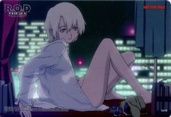 Rule 34 | 00s, 1girl, arm support, barefoot, blazer, blonde hair, blue eyes, bottomless, breasts, city, curtains, dress shirt, ishihama masashi, jacket, large breasts, legs, lipstick, long legs, looking back, makeup, night, night sky, official art, open clothes, open shirt, phonecard, r.o.d the tv, read or die, scan, shirt, short hair, silhouette, sitting, sky, smile, solo, wendy earhart, window