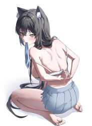 Rule 34 | 1girl, absurdres, adjusting bra, adjusting clothes, animal ear fluff, animal ears, back, barefoot, black hair, blush, bra, breasts, commentary request, feet, from behind, grey skirt, hair between eyes, highres, kneeling, large breasts, long hair, looking at viewer, mouth hold, onyu on, original, pleated skirt, simple background, skirt, soles, solo, toes, torn clothes, torn skirt, underwear, undressing, white background, white bra, wolf ears, yellow eyes