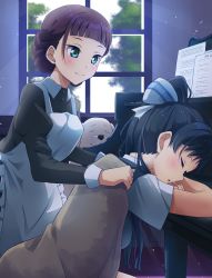 Rule 34 | 2girls, black hair, blush, bow, braid, brown hair, collared shirt, covering with blanket, dress, grey dress, hair bow, hazuki ren, high ponytail, highres, indoors, instrument, japanese clothes, long sleeves, looking at another, love live!, love live! superstar!!, maid, mole, mole under eye, multiple girls, piano, pinafore dress, qy73, saya (love live!), school uniform, shirt, short sleeves, sleeping, sleeveless dress, smile, white shirt, yuigaoka school uniform