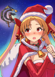 2girls black_hair blonde_hair blush breasts cape christmas closed_mouth earrings ereshkigal_(fate) fate/grand_order fate_(series) hat ishtar_(fate) jewelry long_hair multiple_girls nyantiu open_mouth red_eyes santa_costume smile