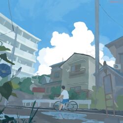 Rule 34 | 1boy, back, bicycle, blue sky, building, flower, full body, haragayowainja, highres, male focus, original, outdoors, power lines, puddle, riding, riding bicycle, sky, solo