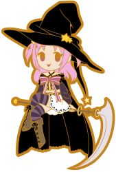 Rule 34 | 1girl, arm warmers, belt, black cape, black hat, brown belt, brown footwear, cape, chibi, criss-cross halter, crop top, cross-laced footwear, detached sleeves, fold-over boots, full body, halterneck, hat, highres, ichigobellbell, looking at viewer, magia record: mahou shoujo madoka magica gaiden, magical girl, mahou shoujo madoka magica, medium hair, misono karin, parted bangs, pink ribbon, print skirt, purple eyes, purple hair, purple thighhighs, ribbon, scythe, sitting, skirt, smile, solo, star (symbol), star print, striped clothes, striped thighhighs, thighhighs, two side up, white skirt, witch hat