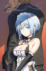 Rule 34 | 1boy, 1girl, alice gear aegis, apron, bare shoulders, black choker, black dress, black gloves, blue eyes, blue hair, bow, breasts, brown hair, choker, cigar, closed mouth, commentary request, dress, elbow gloves, formal, frills, gloves, height difference, highres, holding, holding cigar, large breasts, looking at viewer, maid, maid apron, maid headdress, nina kalinina, pinakes, ribbon choker, smoking, suit