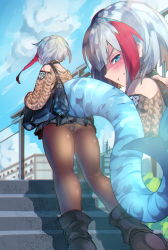 Rule 34 | 1girl, :t, admiral graf spee (azur lane), admiral graf spee (peaceful daily life) (azur lane), aran sweater, azur lane, bag, blue eyes, blunt bangs, blush, breasts, cable knit, casual, choker, fins, fish tail, frown, handbag, highres, multicolored hair, panties, panties under pantyhose, pantyhose, pantyshot, pout, rayno, red hair, shark tail, short hair, sidelocks, silver hair, small breasts, solo, streaked hair, sweater, tail, underwear, upskirt
