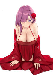 Rule 34 | 1girl, absurdres, azur lane, bare shoulders, braid, breasts, cleavage, dress, flower, hair flower, hair ornament, hair over one eye, highres, kneeling, large breasts, long hair, looking at viewer, nightgown, off shoulder, official alternate costume, penelope (azur lane), penelope (ruby-red boudoir) (azur lane), purple eyes, purple hair, red dress, red flower, simple background, solo, white background, wide sleeves
