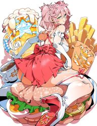 Rule 34 | 1girl, ass, beer mug, burger, commission, cup, elbow gloves, food, french fries, frilled gloves, frills, from behind, gloves, green eyes, high heels, kafun, looking at viewer, looking back, misao (salverion), mug, original, oversized food, oversized object, pink hair, plate, pleated skirt, red skirt, shadow, skirt, solo, thighhighs, twintails, white gloves