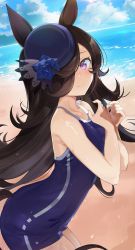 Rule 34 | 1girl, absurdres, animal ears, bare shoulders, beach, black hair, blue flower, blue hat, blue one-piece swimsuit, blue rose, blush, collarbone, commentary, cowboy shot, day, fingernails, flower, from side, hair ornament, hands up, hat, hat flower, highres, horse ears, horse girl, horse tail, huge filesize, leaning forward, long fingernails, long hair, looking at viewer, looking to the side, ocean, one-piece swimsuit, purple eyes, purple hat, purple one-piece swimsuit, rice shower (umamusume), rose, seicoh, sky, smile, solo, standing, swimsuit, tail, umamusume, very long hair, water