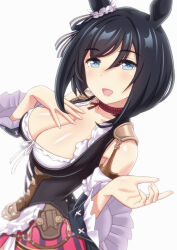 Rule 34 | 1girl, animal ears, apron, bare shoulders, black hair, black sleeves, blouse, blue eyes, bob cut, bodice, breasts, choker, cleavage, commentary request, detached sleeves, dirndl, ear ornament, ear scrunchie, eishin flash (umamusume), frilled apron, frilled sleeves, frills, german clothes, hair between eyes, horse ears, horse girl, large breasts, looking at viewer, norizou, outdoors, red choker, scrunchie, shirt, short hair, smile, solo, umamusume, upper body, white apron, white scrunchie, white shirt