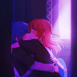 Rule 34 | 2girls, arms around neck, black shirt, blue hair, blush, bocchi the rock!, commentary request, french kiss, guitar, hair ornament, hairclip, hand on another&#039;s back, highres, hug, instrument, kiss, kita ikuyo, layered sleeves, long hair, long sleeves, multiple girls, one side up, red hair, shirt, short over long sleeves, short sleeves, stage, yakaze (yakaze1604), yamada ryo, yuri