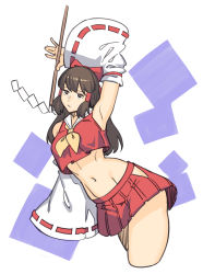 Rule 34 | 1girl, armpits, brown eyes, brown hair, closed mouth, cropped legs, cropped shirt, detached sleeves, dyun, gohei, hair tubes, hakurei reimu, hand up, highres, hip vent, jitome, long sleeves, looking at viewer, making-of available, midriff, miniskirt, navel, neckerchief, red shirt, red skirt, shirt, skirt, solo, stomach, touhou, yellow neckerchief