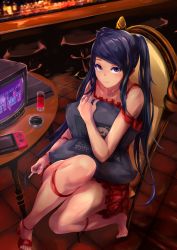 Rule 34 | 1girl, :3, absurdres, bar (place), barefoot, black hair, chair, cigarette, closed mouth, commentary request, company name, copyright name, cup, dana zane, drink, drinking glass, from above, game console, high heels, highres, holding, indoors, jill stingray, long hair, looking at viewer, nintendo switch, pink eyes, playstation 4, red footwear, shoes, single shoe, sitting, smile, swept bangs, table, television, togari1210, twintails, va-11 hall-a, very long hair