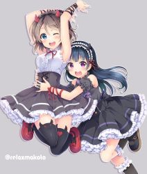 Rule 34 | 2girls, :d, ;d, ankle strap, arms up, ascot, black footwear, black ribbon, black skirt, black socks, blouse, blue eyes, blue hair, center frills, detached sleeves, fake horns, frilled hairband, frilled legwear, frilled skirt, frills, grey background, grey hair, grey skirt, hairband, high-waist skirt, horn band legwear, horns, hug, hug from behind, jewelry, jumping, kneehighs, long hair, looking at viewer, love live!, love live! sunshine!!, multiple girls, neck ribbon, one eye closed, open mouth, outline, petticoat, purple eyes, purple neckwear, red footwear, red ribbon, ribbon, ring, round teeth, sakurai makoto (custom size), shirt, shoes, short hair, simple background, skirt, sleeveless, sleeveless shirt, smile, socks, teeth, thighhighs, tsushima yoshiko, twitter username, upper teeth only, v-shaped eyebrows, watanabe you, white outline, white shirt, wrist ribbon
