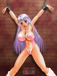 Rule 34 | 1girl, armpits, arms up, bdsm, bondage, bound, breasts, chain, earrings, female pubic hair, grey eyes, hair ornament, jewelry, kneehighs, large breasts, long hair, open mouth, pubic hair, silver hair, socks, solo, source request, standing, tagme