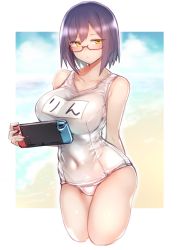 Rule 34 | 1girl, bare shoulders, beach, blue hair, blush, breasts, character name, closed mouth, collarbone, commentary, covered navel, cowboy shot, game console, highres, holding, kagami uekusa, large breasts, looking at viewer, mole, mole under eye, name tag, nijisanji, nintendo switch, ocean, one-piece swimsuit, outdoors, red-framed eyewear, school swimsuit, semi-rimless eyewear, shizuka rin, short hair, solo, sweatdrop, swimsuit, under-rim eyewear, virtual youtuber, white one-piece swimsuit, white school swimsuit, yellow eyes