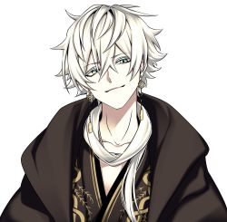 Rule 34 | 1boy, animal print, brown coat, coat, eyebrows, eyebrows hidden by hair, hair between eyes, highres, hz (666v), japanese clothes, looking to the side, messy hair, original, platinum blonde hair, scarf, short hair, slit pupils, smile, white background, white scarf, yellow eyes