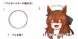 Rule 34 | 1girl, animal ears, black bow, blue bow, bow, brown hair, circle, ear bow, closed eyes, hair bow, head only, horse ears, horse girl, how to, how to draw an owl (meme), long hair, maruzensky (umamusume), meme, open mouth, pun, simple background, solo, translation request, umamusume, white background, yonedatomo mizu