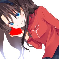 Rule 34 | black skirt, blue eyes, brown hair, fate/stay night, fate (series), hair ribbon, heart, holding, holding heart, kino hazuki, long hair, looking at viewer, pleated skirt, ribbon, skirt, smile, sweater, tohsaka rin, transparent background, two side up, white background