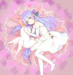 Rule 34 | 1girl, abstract background, ahoge, azur lane, blue eyes, dress, elbow gloves, gloves, hair bun, hair ribbon, highres, light smile, long hair, looking at viewer, lying, name connection, object namesake, on side, pantyhose, pink background, purple hair, ribbon, single hair bun, solo, stuffed animal, stuffed toy, stuffed winged unicorn, unicorn, unicorn (azur lane), white dress, white gloves, white pantyhose, yu zhi zha