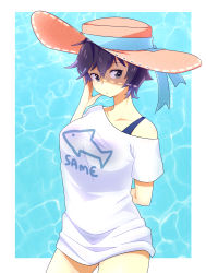 Rule 34 | 1girl, absurdres, arm behind back, artist name, blue one-piece swimsuit, blue ribbon, border, commentary, english commentary, grey eyes, hat, hat ribbon, highres, lyn (shunao), one-piece swimsuit, outside border, persona, persona 4, print shirt, purple hair, ribbon, see-through, shirogane naoto, shirt, short hair, solo, standing, sun hat, swimsuit, swimsuit under clothes, t-shirt, water, wet, wet clothes, wet shirt, white border