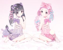 Rule 34 | 2girls, ass, babydoll, back bow, bare shoulders, black hair, blue ribbon, bow, choker, demon tail, from behind, hair bow, hair ribbon, highres, holding, holding stuffed toy, looking at viewer, looking back, multiple girls, original, parted lips, petite, pink bow, pink choker, pink hair, purple bow, purple choker, purple eyes, ribbon, simple background, sitting, stuffed animal, stuffed rabbit, stuffed toy, tail, tail bow, tail ornament, thighhighs, twintails, wariza, white background, white legwear, yd (orange maru)
