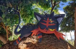 Rule 34 | animal focus, artist name, blue sky, blurry, blurry background, cat, cloud, colored sclera, creatures (company), dappled sunlight, day, from side, full body, game freak, gen 7 pokemon, half-closed eye, highres, in tree, litten, looking to the side, lying, mei ford, nintendo, no humans, on stomach, one eye closed, outdoors, pokemon, pokemon (creature), red eyes, sky, solo, sunlight, tail raised, tree, watermark, yellow sclera