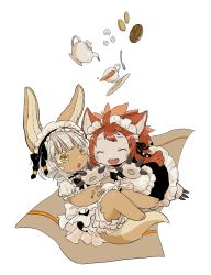 Rule 34 | 1girl, 1other, animal ears, bad id, bad twitter id, closed eyes, cup, falling, furry, highres, kawasemi27, made in abyss, maid, mitty (made in abyss), mitty (made in abyss) (furry), nanachi (made in abyss), other focus, red hair, tail, teacup, teapot, white background, white hair, yellow eyes