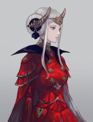 Rule 34 | 1girl, absurdres, blue eyes, breasts, buttons, cape, closed mouth, commentary, cowboy shot, double-breasted, dress, edelgard von hresvelg, english commentary, expressionless, eyelashes, fire emblem, fire emblem: three houses, from side, grey background, hair bun, highres, horn ornament, horns, lips, medium breasts, medium hair, mixed-language commentary, mjaa, nintendo, profile, red cape, red dress, side bun, sidelocks, simple background, single hair bun, single side bun, solo, tiara
