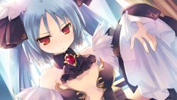 Rule 34 | 1girl, :&lt;, aquaplus, blue hair, bou (inubou), detached collar, detached sleeves, dungeon travelers 2, game cg, long hair, official art, red eyes, sleeves past wrists, solo, tsurara (dungeon travelers 2)