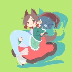 Rule 34 | 2girls, animal ears, blue eyes, blue hair, blue tail, brown hair, carrying, closed mouth, commentary, dress, fang, fins, frilled kimono, frills, full body, green background, green kimono, head fins, highres, imaizumi kagerou, japanese clothes, kimono, long hair, long sleeves, looking at another, mermaid, monster girl, multiple girls, open mouth, princess carry, red dress, red eyes, red nails, shinsei tomato, short hair, simple background, smile, tail, touhou, two-tone dress, wakasagihime, white dress, wolf ears, wolf girl, wolf tail