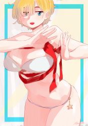 Rule 34 | 1girl, :d, bare arms, bare shoulders, bikini, blonde hair, blue eyes, breasts, cleavage, cowboy shot, hands up, highres, large breasts, legs together, navel, open mouth, original, red ribbon, ribbon, ryusei hashida, short hair, smile, solo, standing, swimsuit, tying, white bikini