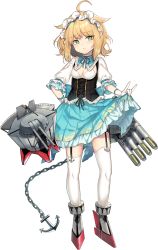 Rule 34 | 1girl, ahoge, anchor, blonde hair, blue oath, blue skirt, blush, breasts, cannon, chain, closed mouth, corset, garter straps, gloves, green eyes, grey footwear, hair flaps, highres, itamidome, medium breasts, official art, pleated skirt, puffy short sleeves, puffy sleeves, rigging, rudder footwear, savage (blue oath), shirt, short sleeves, skirt, skirt hold, solo, standing, thighhighs, torpedo, transparent background, turret, white gloves, white shirt, white thighhighs