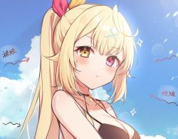 1girl arrow_(symbol) bikini black_bikini black_choker blonde_hair blush choker closed_mouth cloud cowlick from_side hair_flaps hair_ornament hair_ribbon heterochromia hoshikawa_sara long_hair looking_at_viewer nijisanji orange_eyes orange_ribbon outdoors red_eyes red_ribbon ribbon side_ponytail sky solo sparkle sweatdrop swimsuit very_long_hair virtual_youtuber water_drop x_hair_ornament zky_(oekaky)