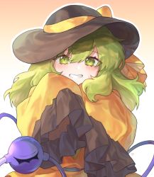Rule 34 | 1girl, beige background, black hat, blush, cheunes, commentary, frilled sleeves, frills, gradient background, green eyes, green hair, grin, hair between eyes, hat, highres, komeiji koishi, long hair, long sleeves, looking at viewer, shirt, sleeves past fingers, sleeves past wrists, smile, solo, third eye, touhou, upper body, white background, wide sleeves, yellow shirt