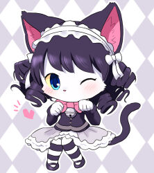 1girl animal_ears bell black_footwear black_hair black_shirt blue_eyes blush body_fur bow bowtie cat_ears cat_girl cat_tail chibi chibi_only colored_sclera commentary_request cyan_(myumon)_(show_by_rock!!) cyan_(show_by_rock!!) furry furry_female gothic_lolita hairband heart jingle_bell lolita_fashion lolita_hairband long_sleeves looking_at_viewer no_mouth one_eye_closed pantyhose paw_pose pink_bow pink_bowtie ringlets shirt shoes show_by_rock!! skirt solo striped_clothes striped_pantyhose tail wataboshi white_fur white_hairband white_skirt yellow_sclera