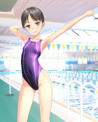 Rule 34 | 1girl, absurdres, black eyes, black hair, clothes writing, collarbone, competition swimsuit, cowboy shot, flat chest, grin, highleg, highleg swimsuit, highres, huge filesize, looking at viewer, multicolored clothes, multicolored swimsuit, one-piece swimsuit, original, outstretched arm, pool, pool ladder, purple one-piece swimsuit, short hair, smile, solo, standing, string of flags, swimsuit, takafumi, tomboy