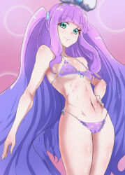 Rule 34 | 1girl, aqua eyes, bikini, breasts, commentary request, cure majesty, ellee-chan, eyelashes, hair ornament, happy, highres, hirogaru sky! precure, long hair, looking at viewer, magical girl, navel, nom mia, precure, purple bikini, purple hair, small breasts, smile, solo, standing, swimsuit, very long hair