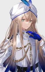 Rule 34 | 1boy, aqua eyes, blue gloves, blue hair, captain nemo (fate), closed mouth, coat, fate/grand order, fate/grand order arcade, fate (series), feathers, gloves, gradient hair, grey background, hair between eyes, hat feather, highres, light brown hair, long hair, long sleeves, looking at viewer, male focus, multicolored hair, nemo (fate), sherry 0014, simple background, solo, turban, twitter username, upper body, very long hair, white coat, white headwear