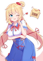 Rule 34 | 1girl, absurdres, akai haato, akai haato (1st costume), anhun, blonde hair, blue eyes, blue skirt, breasts, collared shirt, contrapposto, haaton (akai haato), hair ornament, hair ribbon, hair scrunchie, heart, high-waist skirt, highres, hololive, long hair, looking at viewer, low twintails, medium breasts, neck ribbon, one eye closed, one side up, open mouth, red ribbon, ribbon, scrunchie, shirt, short sleeves, sidelocks, simple background, skirt, smile, solo, standing, stuffed animal, stuffed toy, teeth, twintails, upper teeth only, very long hair, virtual youtuber, white background, white shirt