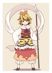 Rule 34 | 1girl, animal print, bishamonten&#039;s spear, black footwear, black hair, blonde hair, dress, frills, full body, hair ornament, hand on own hip, highres, holding, holding spear, holding weapon, long sleeves, looking at viewer, multicolored hair, polearm, poronegi, red dress, shawl, shirt, smile, solo, spear, standing, tiger print, toramaru shou, touhou, two-tone hair, weapon, white shirt, yellow eyes