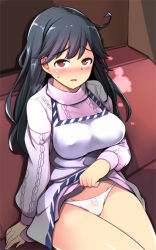 Rule 34 | 1girl, ahoge, alternate eye color, apron, aran sweater, black hair, blush, breasts, cable knit, ippongui, kantai collection, large breasts, long hair, long sleeves, open mouth, panties, purple sweater, red eyes, solo, sweater, underwear, ushio (kancolle), white apron, white panties