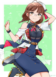 Rule 34 | 1girl, adjusting clothes, adjusting headwear, akizuki ritsuko, antenna hair, arms up, bare shoulders, belt, belt buckle, beret, black bra, black footwear, blue dress, boots, border, bra, bracelet, braid, breasts, brown hair, buckle, buttons, clenched hand, commentary request, dress, full body, glasses, green background, hat, highres, idolmaster, idolmaster (classic), jacket, jewelry, lapel pin, large breasts, looking at viewer, merukyara, off shoulder, round eyewear, see-through, see-through shirt, short hair, short sleeves, simple background, solo, star pin, twin braids, underwear, white jacket, yellow eyes